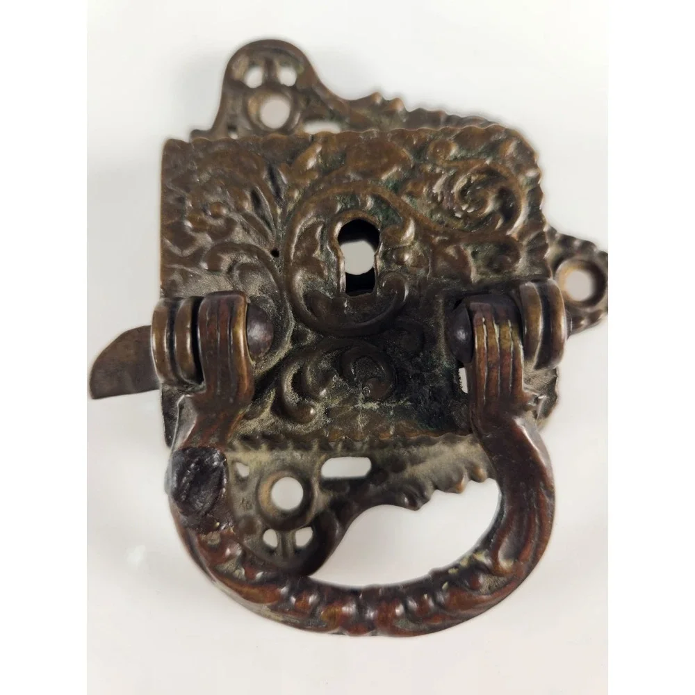 Antique Victorian Brass Ice Box Lock Beautiful Engraving Scroll Pre 1887 Patina